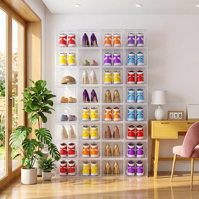 Large Clear Shoe Storage Boxes Stackable, 12 Pack Hard Plastic Shoe Storage Organizer with Magnetic Door, Shoe Container Sneaker Storage Display Case Fit up to US Size 12 Clear