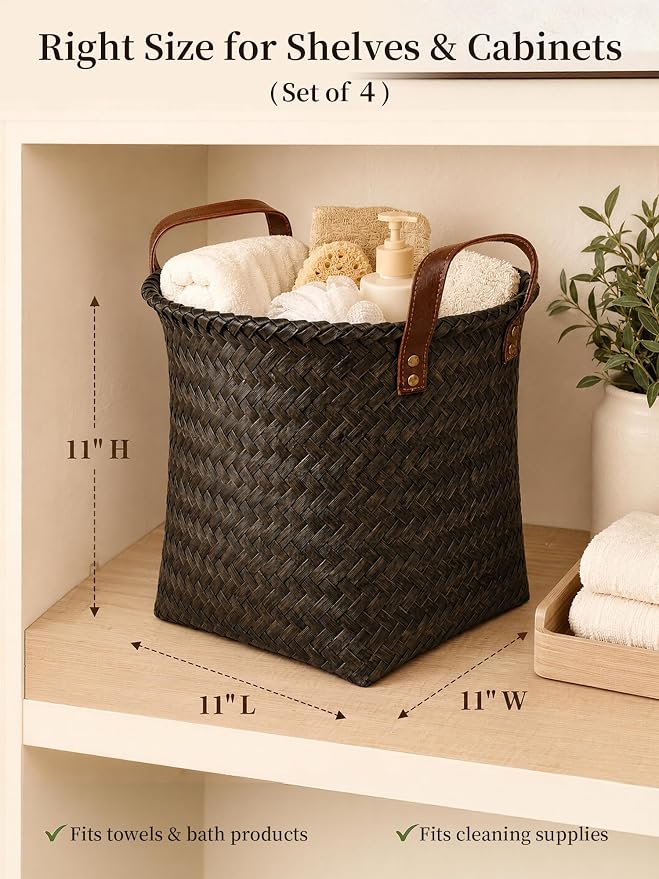 Hand Woven Baskets for Storage, 4Pcs Water-Resistant Wicker Baskets, Dark Gold Wicker Storage Baskets for Shelves, Large Basket with Handle for Organizing, Closet, Laundry, Blanket - Round