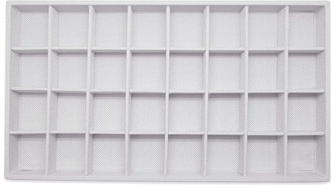 The Display Guys - Stackable Jewelry Tray and Organizer - for Drawers, Dressers, Store Display (32 Compartments, White Burlap)