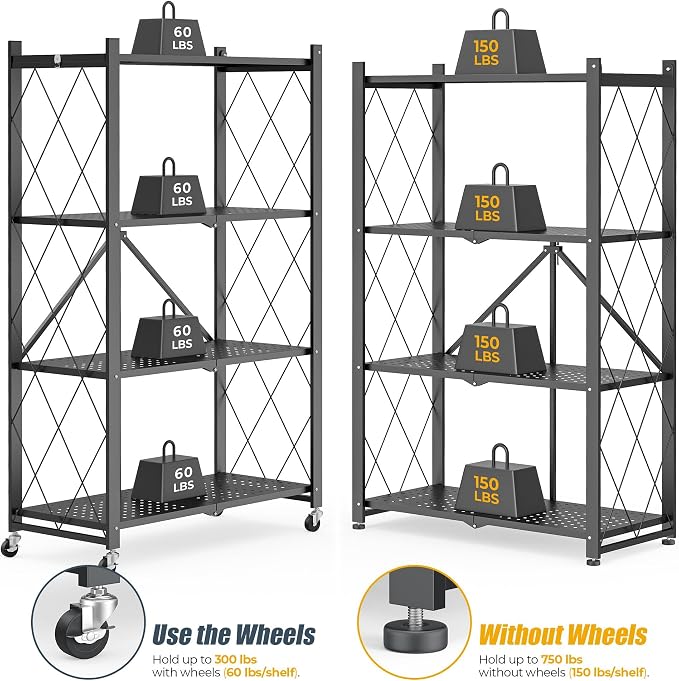Fenbeli 4 Tier Folding Storage Shelf with Wheels, Heavy Duty Metal Shelving Unit No Assembly, Foldable Rolling Storage Rack 600 LBS Capacity, Locking Casters for Garage Kitchen Pantry(Black, 4 Tier)