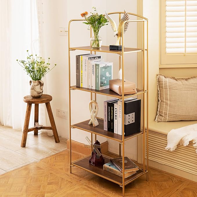 Crofy 4-Tier Foldable Bookshelf, Gold Frame & Walnut Shelves | No-Assembly Collapsible Portable Storage Organizer; Sturdy Walnut Finish Shelves; Ideal for Living Room & Home Office