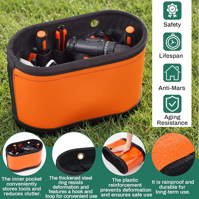 Oval Hard Bucket Tool Organizer, Utility Plastic 14 Pocket Polypropylene Tool Bucket Bag with Hook and Drain Holes for Home Garage Light Trade Lineman Tools, Without Stand
