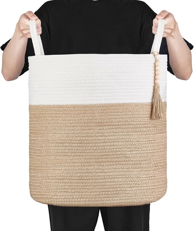 Mkono Woven Storage Basket Decorative Rope Basket Wooden Bead Decoration for Blankets,Toys,Clothes,Shoes,Plant Organizer Bin with Handles Living Room Home Decor, 15"Wx17.7"L,White and Yellow
