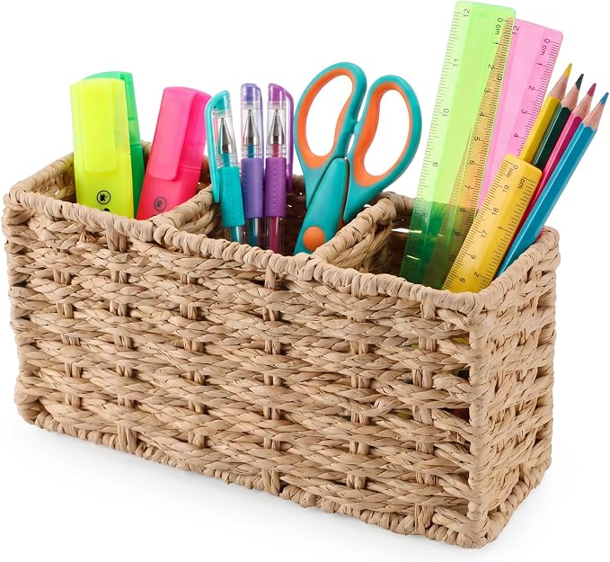 Pencil Holder 3 Compartments Rattan Pencil Cup Boho Desk Accessory Back to School Supplies for Office Makeup Brush Organization Shelves Pantry Coffee Station Organizer