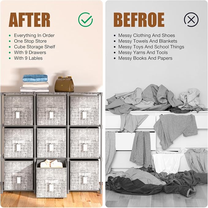 LUKYTOWER 9 Cube Closet Organizer with Beautiful Printed Drawers + Labels,Adjustable Modular Storage Shelf, Toy Cubby Organizer