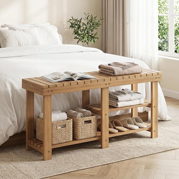 GOFLAME Wooden Shoe Rack Bench, 3-Tier Free Standing Entryway Bench Seat with Slatted Shelves, Shoe Storage Organizer for Entryway, Hallway, Bedroom, Living Room, Small Space, 34"x11"x18"