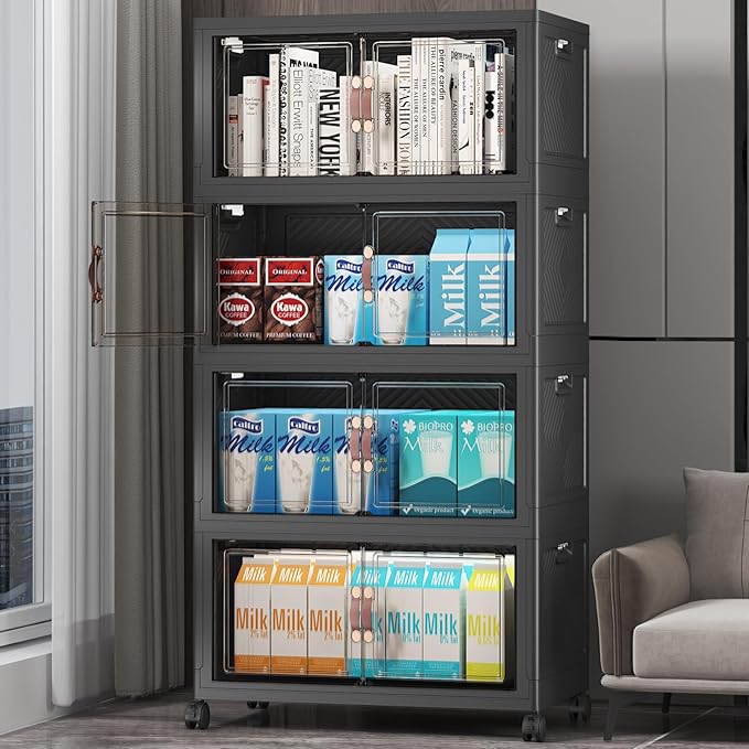 UAMFURI Stackable Storage Bins with Lids, Extra Large Plastic Organizer Cabinet Drawers, 192QT Collapsible Closet Containers with Doors and Wheels,For Bedroom, Kitchen, Office, Garage,(4Pack Cube)