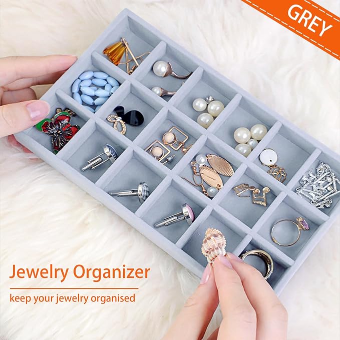 12 Pack Velvet Jewelry Drawer Organizer Trays Stackable Jewelry Storage Inserts Set Jewelry Tray for Earring Necklace Rings Bracelet with Removable Dividers for Dresser & Vanity