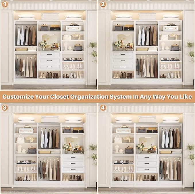 Unikito Modular Closet System with 3 Sets, 75”Closet Organizer System with Drawers, Mirror, Hanging Rods and Adjustable Shelves, Freestanding Wood Wardrobe Garment Rack, Walk in Closet Tower, White