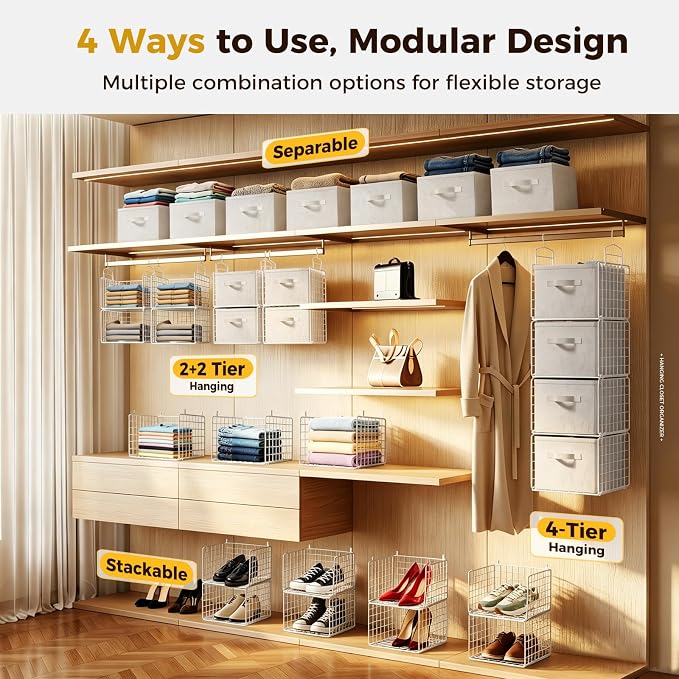 4 Tier Hanging Closet Organizer with 4 Drawers, Metal Closet Organizers and Storage with 4 Hanging Hooks for Wardrobe Laundry Room Garage, Wire Storage Shelf for Clothes Sweaters Pants, White