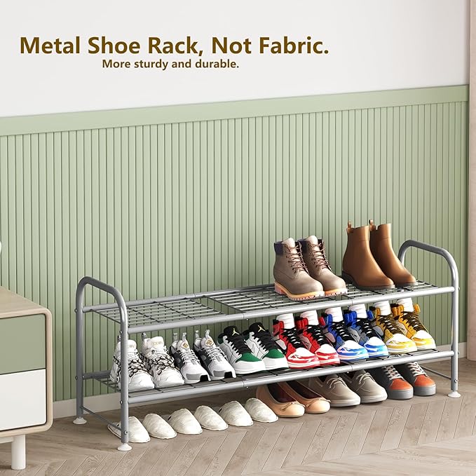 LINZINAR 2 Tier Long Shoe Rack for Closet Metal Shoe Organizer for Entryway | Spacious design stores 15+ pairs of shoes,durable metal frame,space-saving organizer for closet, hallway, and Entryway Grey