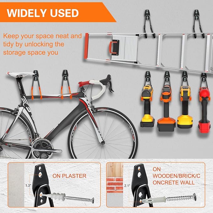HUPBIPY 12 Pack Garage Hooks Heavy Duty, Wall Mount Ladder Hooks | Storage Organizer With a non-slip coating for Hanging Bicycles Garden Tools Ladders Hoses Ropes and Loose Items(Orange)
