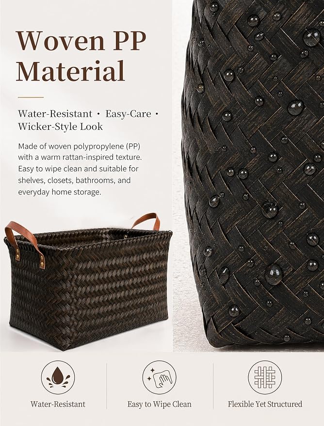 Hand Woven Baskets for Storage, 4Pcs Water-Resistant Wicker Baskets, Dark Gold Wicker Storage Baskets for Shelves, Large Basket with Handle for Organizing, Laundry, Blanket-Rectangular