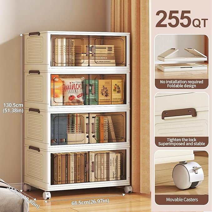 255QT Extra Large Lockable Stackable Storage Bins with Lids, 4-Tier Collapsible Plastic Storage Cabinet on Wheels, Foldable Closet Organizer for Blankets Bedroom Dorm Home Office Organization