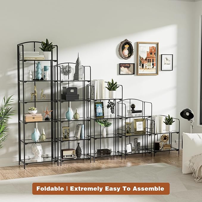 Crofy 4-Tier Foldable Bookshelf, Black Frame & Transparent Shelves | No-Assembly Collapsible Portable Storage Organizer; Sturdy Transparent Shelves; Ideal for Living Room & Home Office