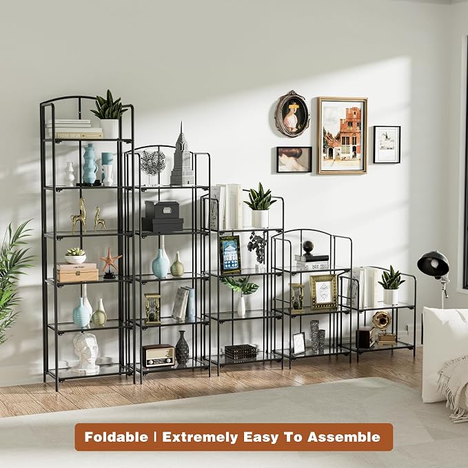 Crofy 5-Tier Foldable Bookshelf, Black Frame & Transparent Shelves | No-Assembly Collapsible Portable Storage Organizer; Sturdy Transparent Shelves; Ideal for Living Room & Home Office