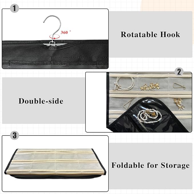 Hanging Jewelry Organizer, 80-Pocket Double-Sided Storage, 1-Pack, Black and Beige