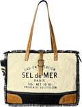 RUSTIC TOWN Canvas Leather Tote Bag for Women - Sel De Mer Upcycled Canvas Shoulder Hobo Travel Handbag Ladies Purse Satchel