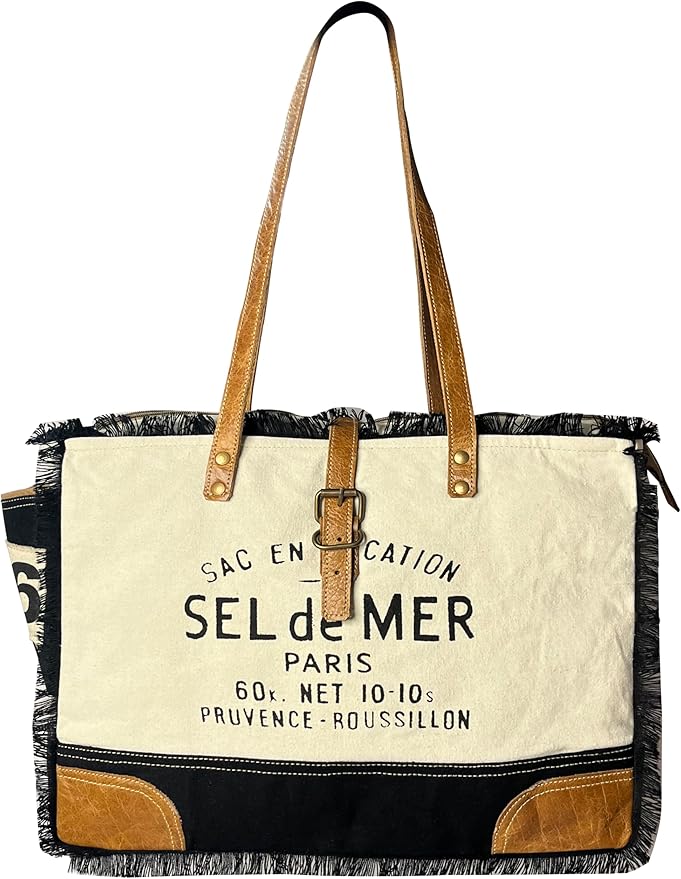 RUSTIC TOWN Canvas Leather Tote Bag for Women - Sel De Mer Upcycled Canvas Shoulder Hobo Travel Handbag Ladies Purse Satchel