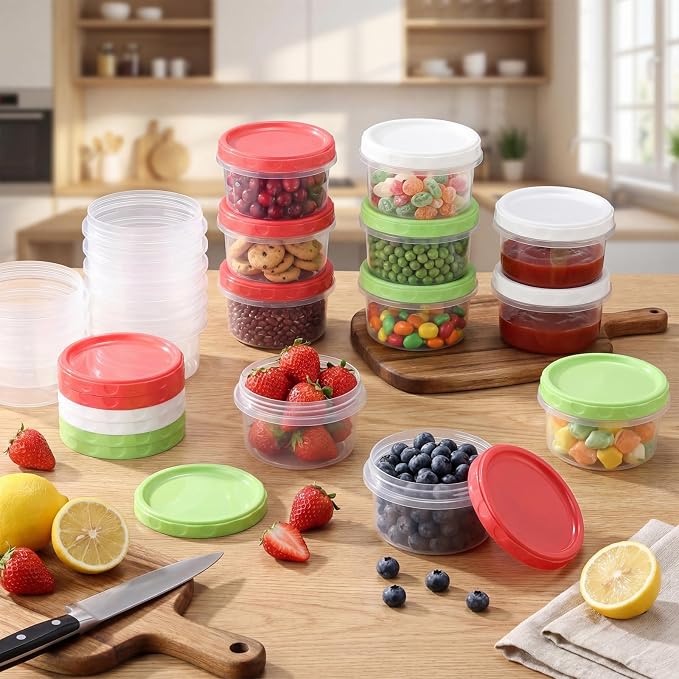 Sieral 36 Pack 8 oz Freezer Containers with Lid Reusable Deli Freezer Storage Containers Stackable Plastic Ultra Thick Twist Top Jar for Takeout Food Round Wide Mouth Lunch Snack (Green,Red,White)