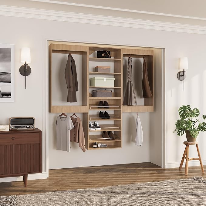 ROOMTEC Modular Closet System, 60" Wall Mounted Closet Organizer with Hanging Rods and Shoe Shelf, Wooden Tower for Walk-In Closets, Wardrobe Storage Kit, Wood