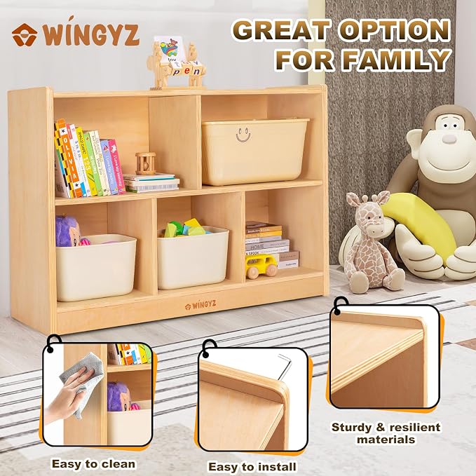 WINGYZ Wood Storage Shelf Organizer, 35.4" L, 5-Section Montessori Kids Toy & Book Shelf, Wooden Cabinet for Kids Rooms, Playroom, Classroom, Nursery, Preschool Furniture - Nature