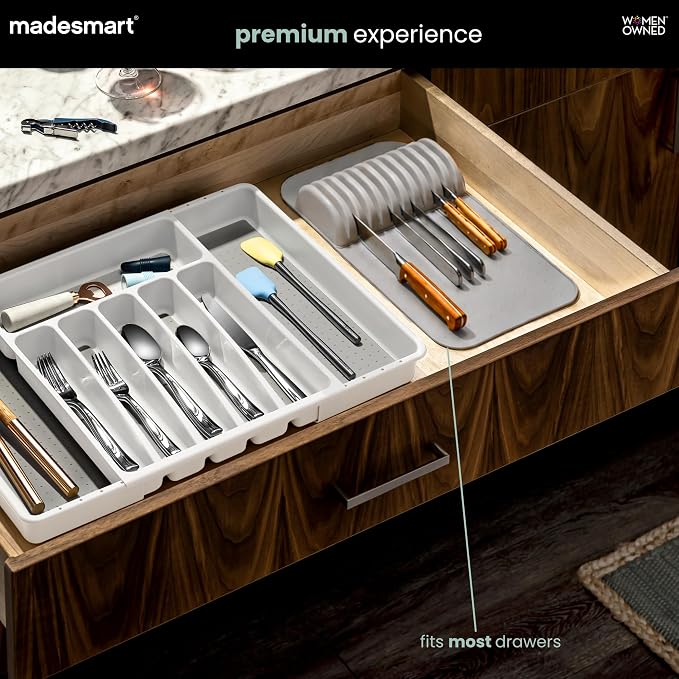 madesmart Large Knife Mat, Soft-Grip Knife Organizer for 11 Knives, Non-Slip Drawer Insert Protects Blades and Maximizes Kitchen Drawer Space, Grey