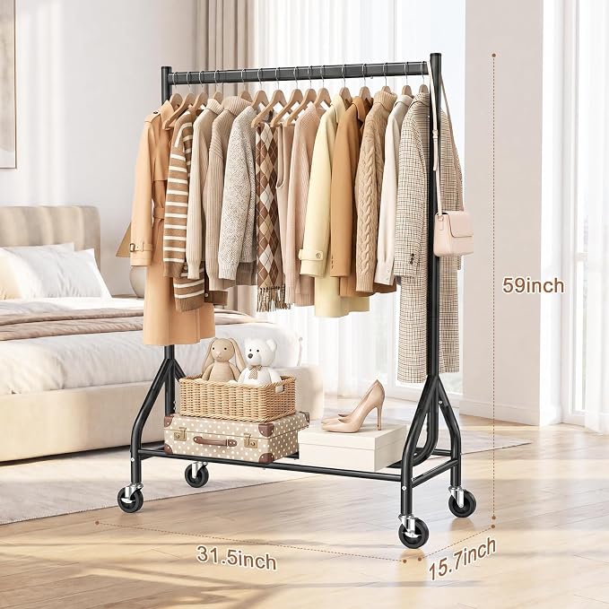 EAGMAK Heavy Duty Clothes Rack Load 268 LBS, 31.5 inch Hanging Rod, Black | Metal Frame, Stable Base, Compact Size, Rolling Smooth, For Bedroom Closet Entryway Laundry Living Room Home Garage Storage