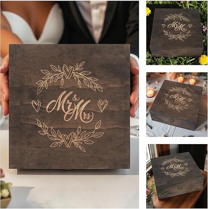 Mr and Mrs Wedding Memory Box- Wooden Keepsake Box with Lid for Couples, Rustic Storage Box for Cards, Photos & Mementos, Anniversary & Engagement Gift- 11.4x11.4x4.5 Inches