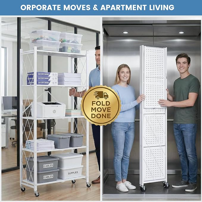 ALANNG 70.7" H Metal Storage Shelves, 5 Tier Folding Shelf on Wheels | Heavy Duty, No Assembly, Rolling, Collapsible Rack Unit for Kitchen, Basement, Pantry (White,4 Pack)