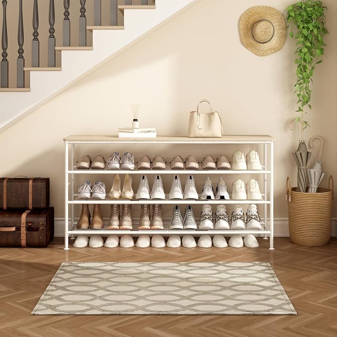 SUOERNUO Shoe Rack Organizer 4 Tier for Closet Entryway Free Standing Metal Storage Shoe Shelf with MDF Top Board (White+Oak, Large 4 Tier)