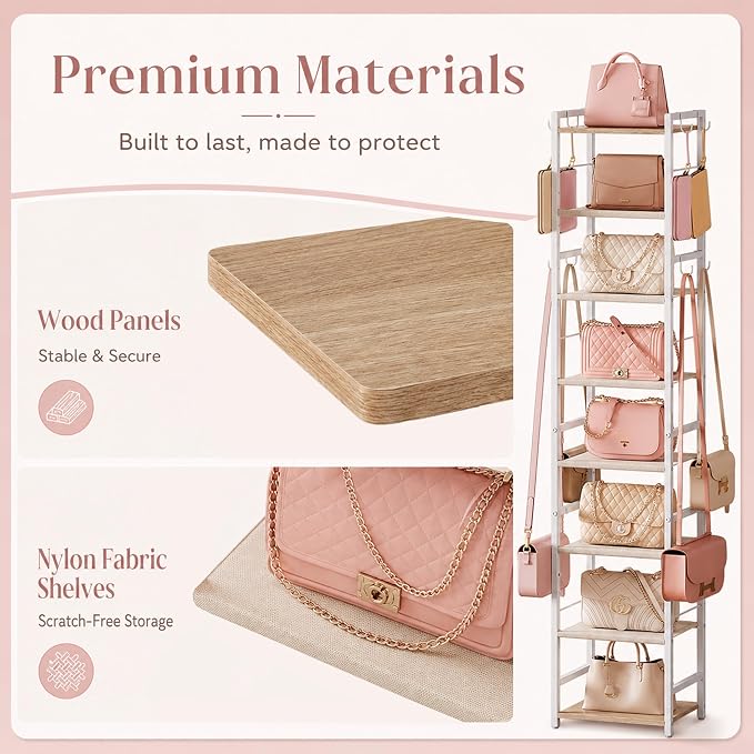 8-Tier Narrow Purse Organizer for Closet, Tall Vertical Purse Rack for Small Spaces, Corner Handbag Storage Display Shelf with Adjustable Fabric Shelves & 8 Hooks for Small & Medium Tote Bags, Bedroom