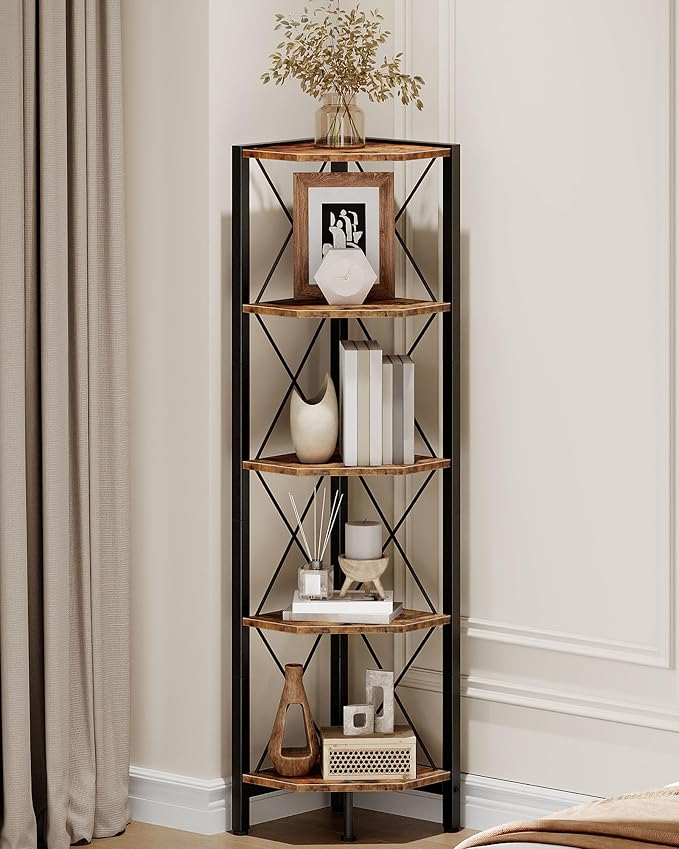 CHOEZON 5-Tier Corner Shelf, Corner Bookcase, 55.2" Tall Vertical Display Rack, Plant Stand, Open Storage Shelf, for Living Room, Bedroom, Study, Kitchen, Rustic Brown and Black TCJ12BF