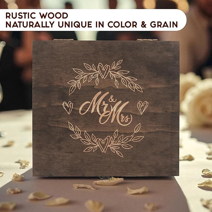 Mr and Mrs Wedding Memory Box- Wooden Keepsake Box with Lid for Couples, Rustic Storage Box for Cards, Photos & Mementos, Wedding Anniversary & Engagement Gift- 8.5 x 8 x 2.4 Inches