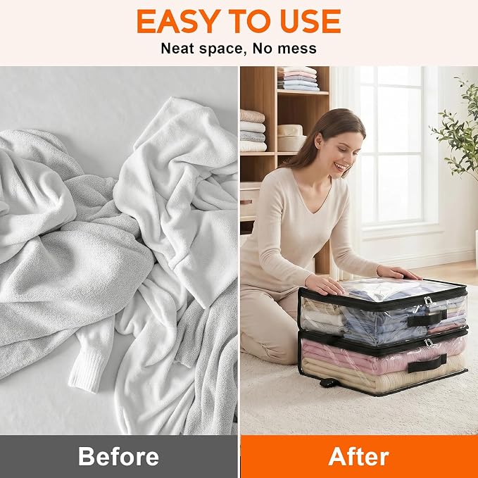 10 Pack Clear Storage Bags with Zipper Handle, Sheet Organizers and Storage | PVC Blanket Storage Bags, Foldable Under Bed Organizer for Baby Clothes Shoes Sweater Toy Bedding Sheet, 15.7x13.8x3.9’’