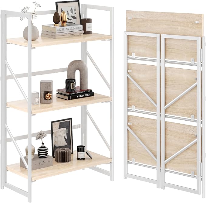 JSB 3 Tier No Assembly Folding Bookshelf, Industrial Metal Book Shelf for Storage, Vintage Wood Foldable Bookcase for Living Room, Bedroom, Office Organization Shelves