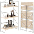 JSB 3 Tier No Assembly Folding Bookshelf, Industrial Metal Book Shelf for Storage, Vintage Wood Foldable Bookcase for Living Room, Bedroom, Office Organization Shelves