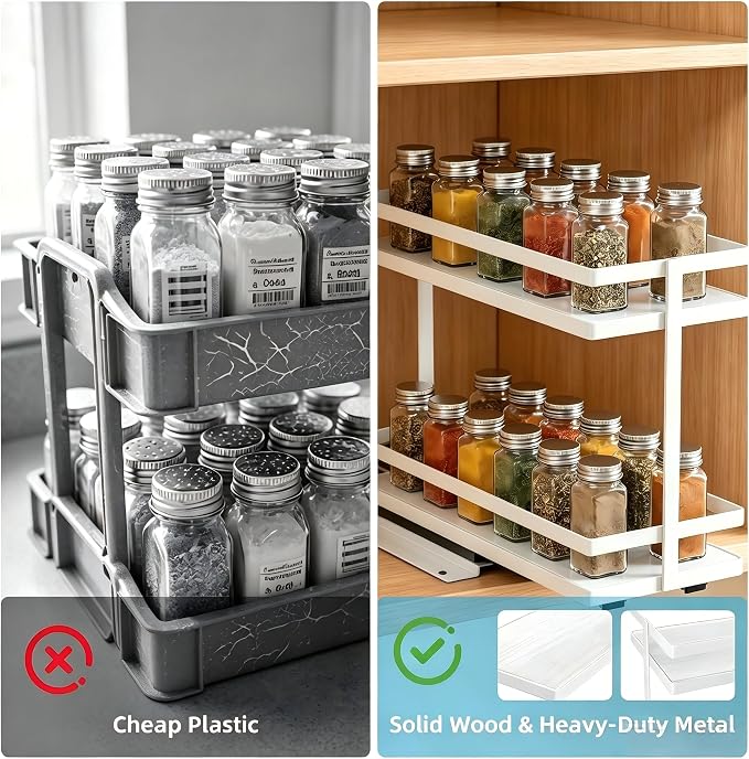 Pull Out Spice Rack 2Pcs Metal & Wood Seasoning Organizer White | No-Drill Install | Full-Extension Silent Glide | Each Tier Holds 10–12 Standard Spice Bottles | Rustproof, Wipe-Clean Surface