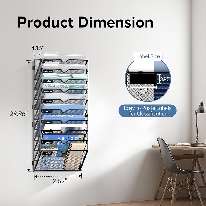 10 Tier Wall File Organizer Office Hanging Mail Holder Wall Mounted, Mesh Paper Document Organizer for Office Home School, Black | Wall Organizer and Wall Mounted File Holder with 10 Pockets and Label Panels for Files, Mail, Folders, Magazines and Paper