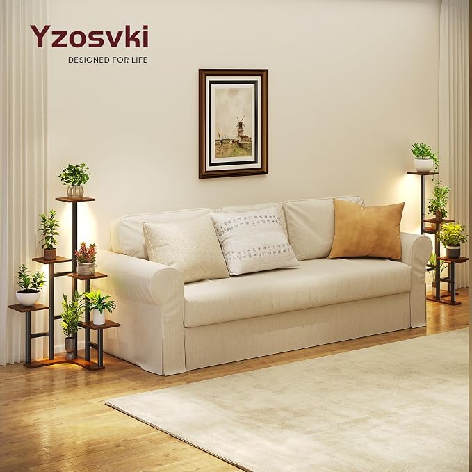 Yzosvki Corner Plant Stand Indoor with Grow Lights, 6 Tiered Corner Plant Shelf Flower Stand for Multiple Plants, Plant Shelves Organizer Rack for Living Room, Balcony, Patio, Square Rustic Brown