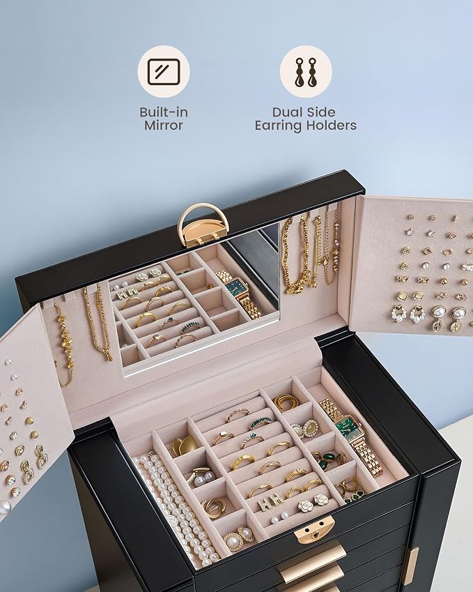 Lolalet Large Jewelry Box Organizer for Women, 8-Layer Jewelry Organizers and Storage Case with Mirror & 7 Drawers, Lockable Watch Ring Earring Bracelet Necklace Holder Girls Gift -8Layer, Black