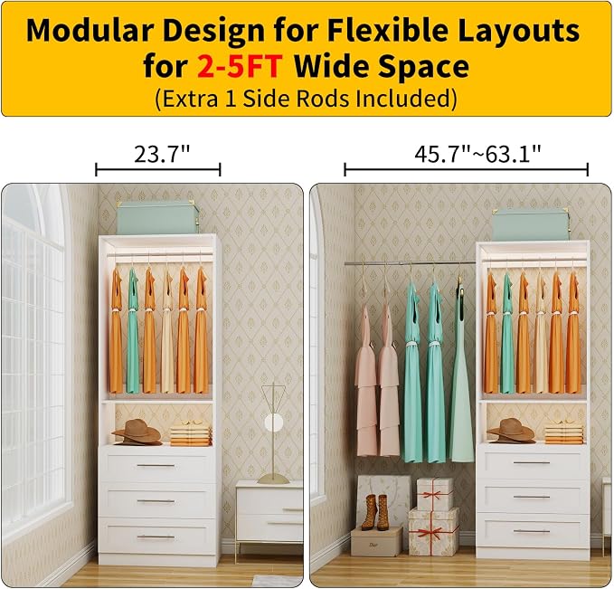 Closet System with 3 Drawers, 2-5FT Small Custom Closet Organizer System Shelving Wood with 2 Hanging Rods & Shelf, Walk-in Closet System Freestanding, Modular Closet Organizer System, White
