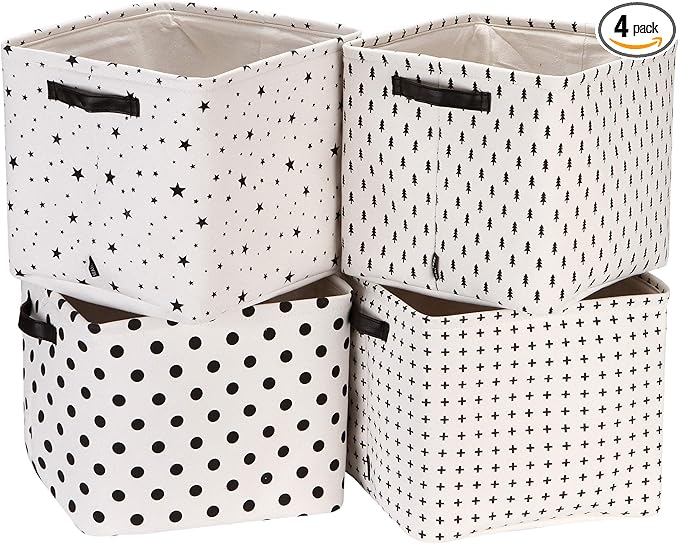 Sea Team Collapsible Canvas Fabric Storage Basket with Handles, Square Storage Box, Cube, Foldable Shelf Basket, Closet, Desk Organizer for Nursery, Home, Office (Black, Set of 4)
