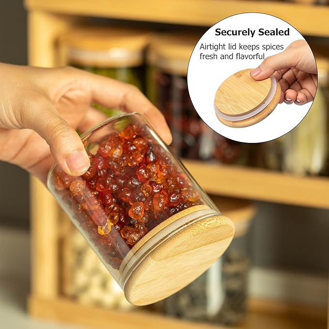 Basicwise Versatile 3-Tier Bamboo Spice Rack and Pantry Organizer with 9 Glass Jars – Perfect for Countertop Storage in Kitchens to Keep Seasoning Containers Neatly Displayed and Easily Accessible