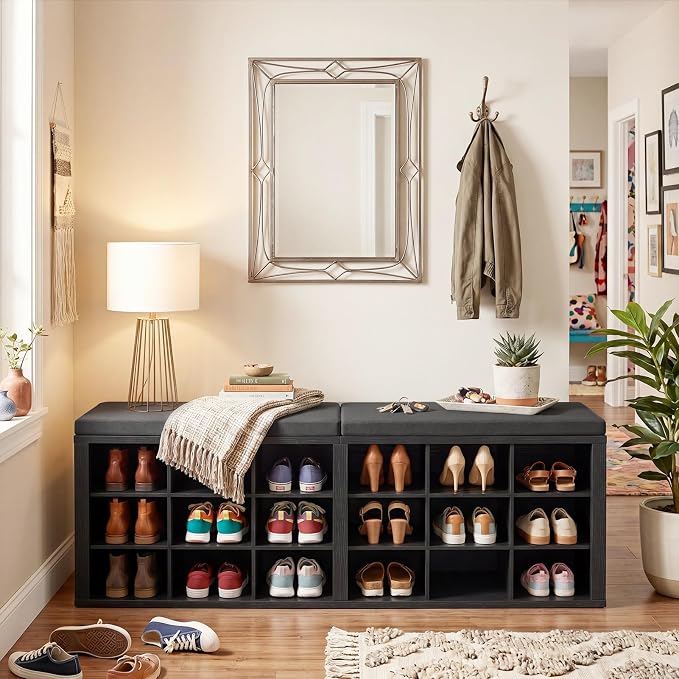 ITEFDTUTNE Shoe Rack Bench, 18 Cubbies Shoe Storage Bench with Cushion, 59" | Entryway Bench with Shoe Storage, Widened Organizer Cabinet for Entryway Hallway Bedroom Living Room, Holds Up to 400lbs