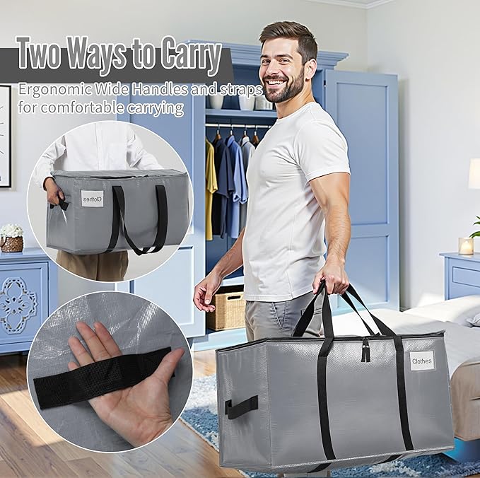 BAGAIL Heavy Duty Moving Bags with Strong Handle, Extra Large Moving Boxes, Storage Tote for Clothes, College Moving Supplies(Grey, 8 Pack)