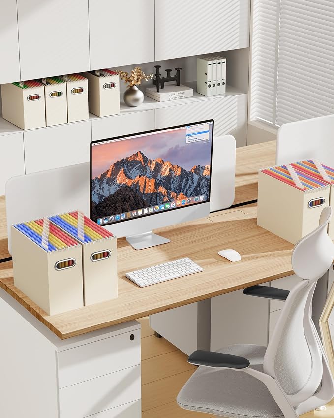 Oterri File Organizer Box, Portable Collapsible Cardboard File Folder Organizer with Handle for Letter Size Hanging Files, for Home Office & Classroom (Beige, Letter Size - 8 Packs)