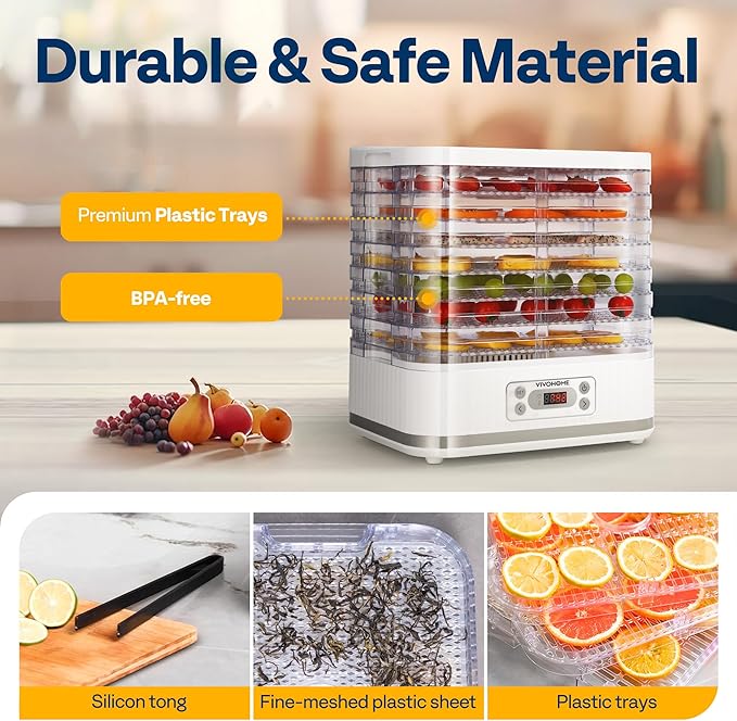 VIVOHOME Electric 8 Trays Food Dehydrator, 400W Hydrator Machine with 72H Digital Timer and Temperature Control for Fruit Vegetable Meat Jerky Herb Beef Mushroom, White