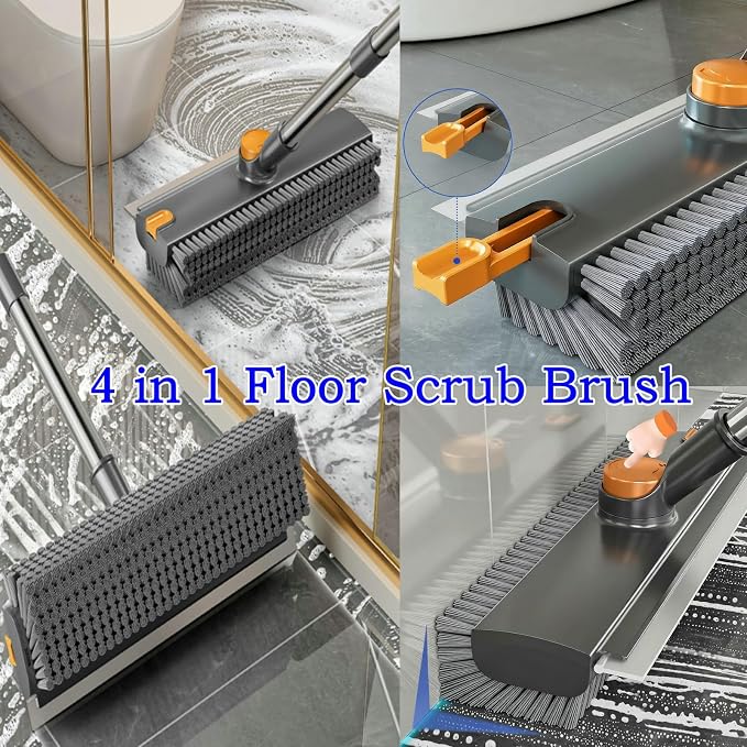 4 in 1 Floor Scrub Brush with Squeegee Long Handle Grout Brush 52'' 2026 Upgraded Multi-Functional Stiff Bristle Cleaning Scrub Brush Rotating Tile Brush for Cleaning Bathroom Patio, Pool, Garage