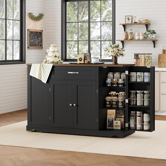 HOSTACK 47" W Kitchen Island Cart with Storage, Rolling Island Table, Black | Mobile Kitchen Storage Islands on Wheels with 2 Drawers, Adjustable Shelves, Movable Buffet Cabinet for Dining room